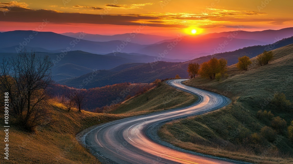 Fototapeta premium A winding road through mountains at sunset, showcasing natural beauty and tranquility.
