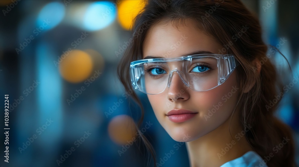 A woman wearing a pair of safety glasses in a factory A woman wearing a pair of safety glasses in a factory