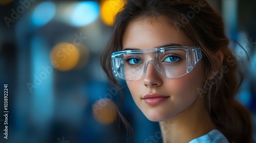 A woman wearing a pair of safety glasses in a factory