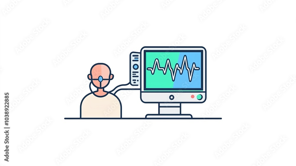 A person with a headset monitors health data on a computer screen displaying a waveform. A person with a headset monitors health data on a computer screen displaying a waveform.