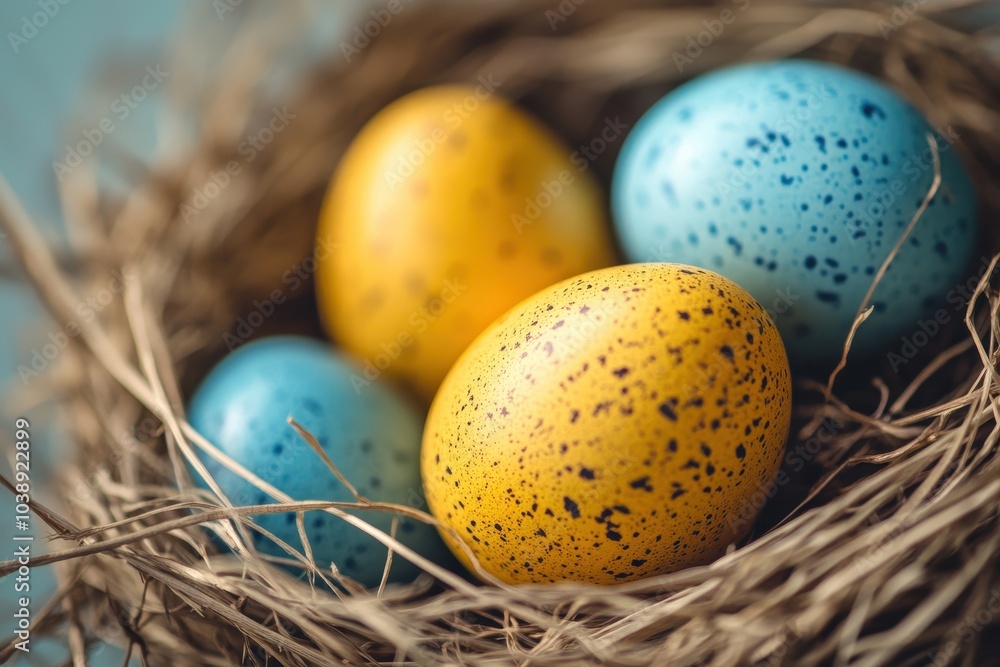 Yellow and blue Easter quail eggs in tiny nests for Catholic and Orthodox celebrations Blurred background Yellow and blue Easter quail eggs in tiny nests for Catholic and Orthodox celebrations Blurred background