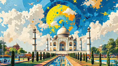 Taj Mahal, in the style of bold and graphic compositions
