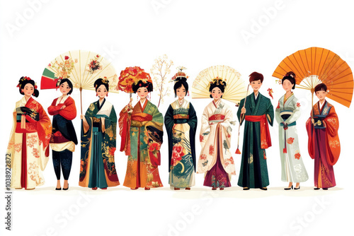 Japanese women in traditional dress participating in a tea ceremony. Peaceful setting with elegant kimonos, tea utensils, and serene expressions, embodying traditional culture.