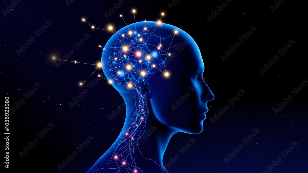 Human Head Neck Blue Profile Technology Glow AI Lines Dots On Black Cosmic Background Human Head Neck Blue Profile Technology Glow AI Lines Dots On Black Cosmic Background