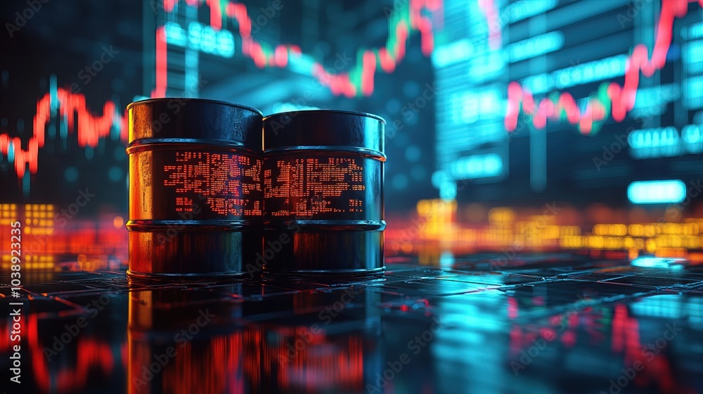 Oil barrels with a blurred stock market chart in the background Oil barrels with a blurred stock market chart in the background