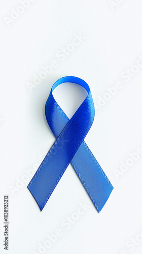 Blue awareness ribbon isolated on blue background. World diabetes day, 14 november, prostate cancer awareness month banner. Blue November, International Men's Day concept with copy space