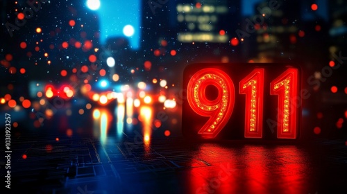 Emergency 911 Sign with City Lights: Conceptual Image Representing Urgency and Safety with Night Cityscape in Background