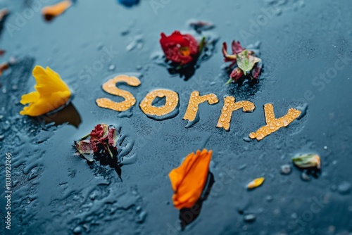 Apologetic Message Written in Water Droplets Surrounded by Colorful Flower Petals on a Reflective Surface photo