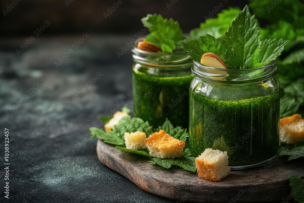 Young shoot nettle soup with garlic almond lemon juice and oil garnished with croutons in a glass jar Space for text High quality image Young shoot nettle soup with garlic almond lemon juice and oil garnished with croutons in a glass jar Space for text High quality image