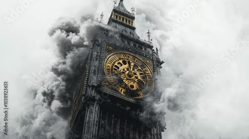 Illustration for a clock tower with gears and steam coming out