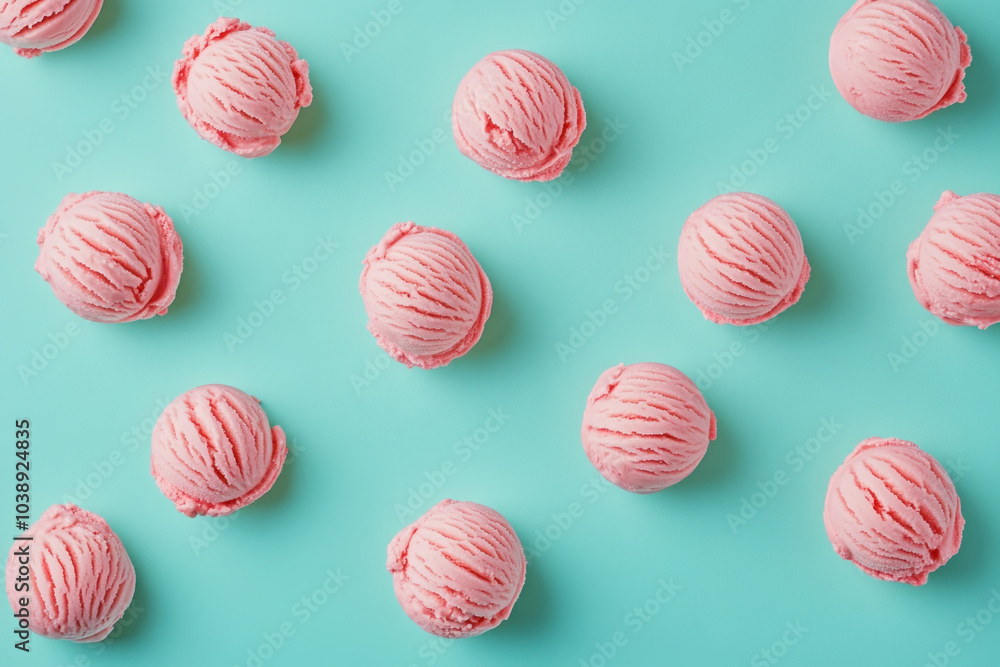 Pink ice cream scoop with sprinkles on blue background. Pink ice cream scoop with sprinkles on blue background.