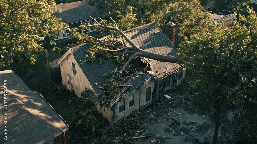 Naklejka premium Fallen Tree on House