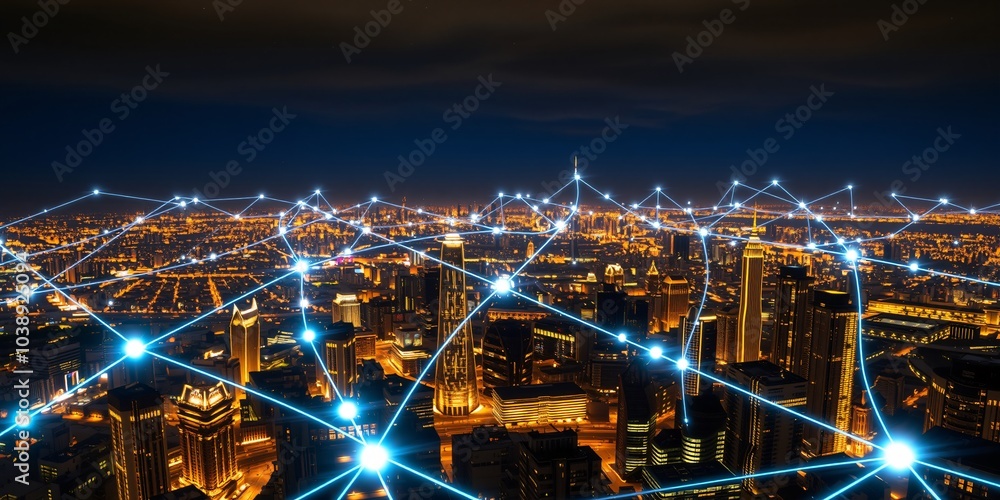 Aerial Futuristic Night Urban City With Technology Data Glow Lines Aerial Futuristic Night Urban City With Technology Data Glow Lines