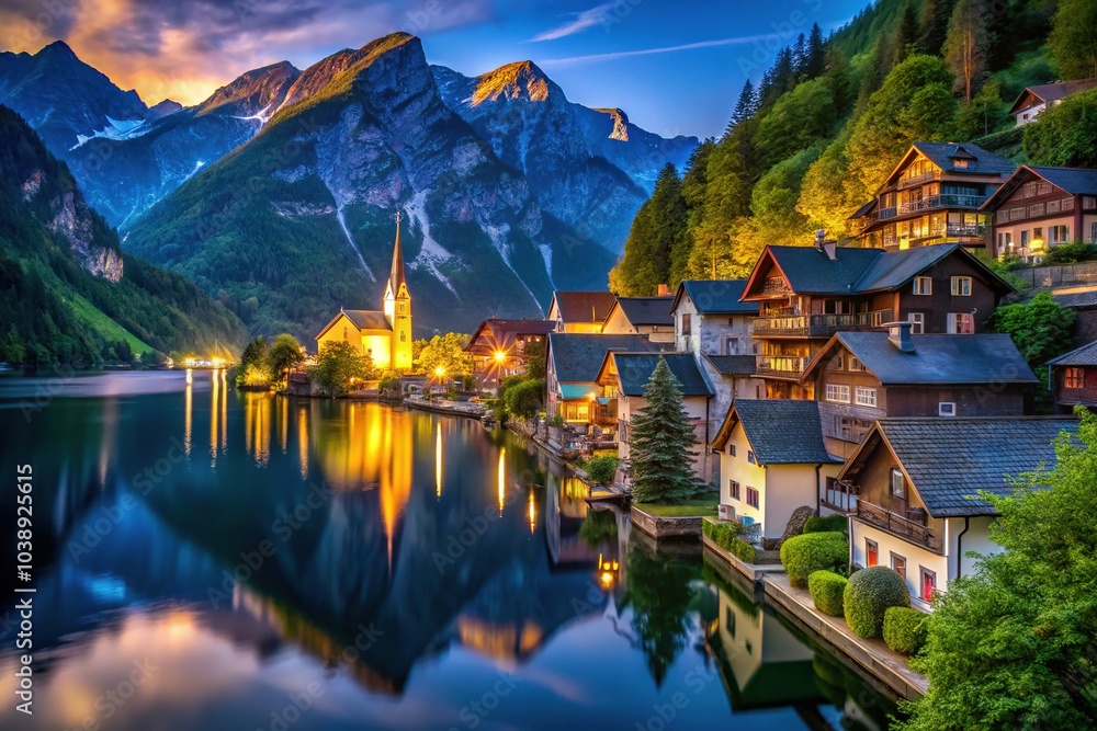 Fototapeta premium Lakeside village under a star-studded sky, water mirroring its beauty.