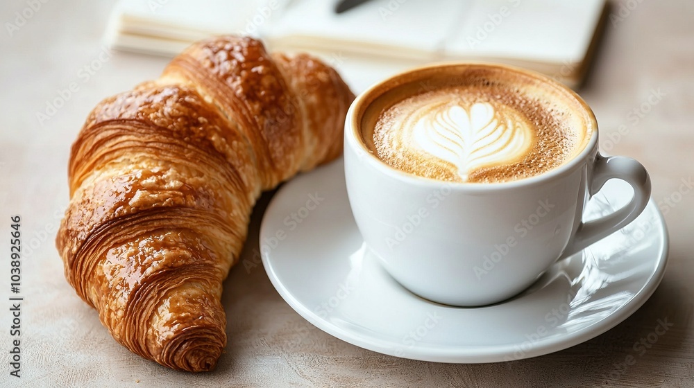 A cup of cappuccino and a croissant on a plate with a book in the foreground A cup of cappuccino and a croissant on a plate with a book in the foreground