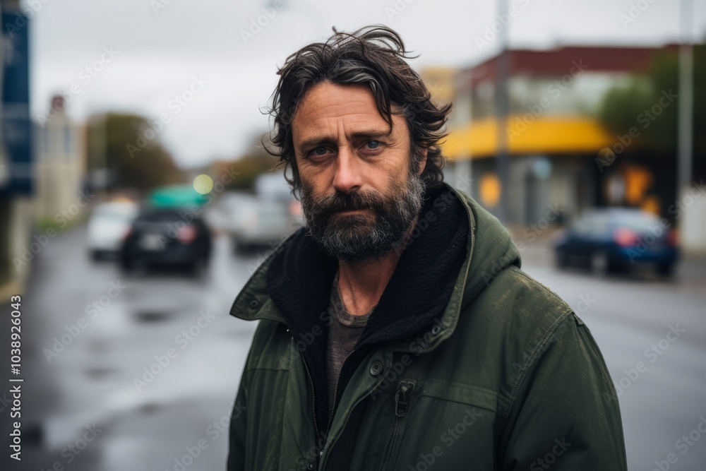 Portrait of a handsome middle-aged man with long dark hair and beard in a green jacket on the street Portrait of a handsome middle-aged man with long dark hair and beard in a green jacket on the street