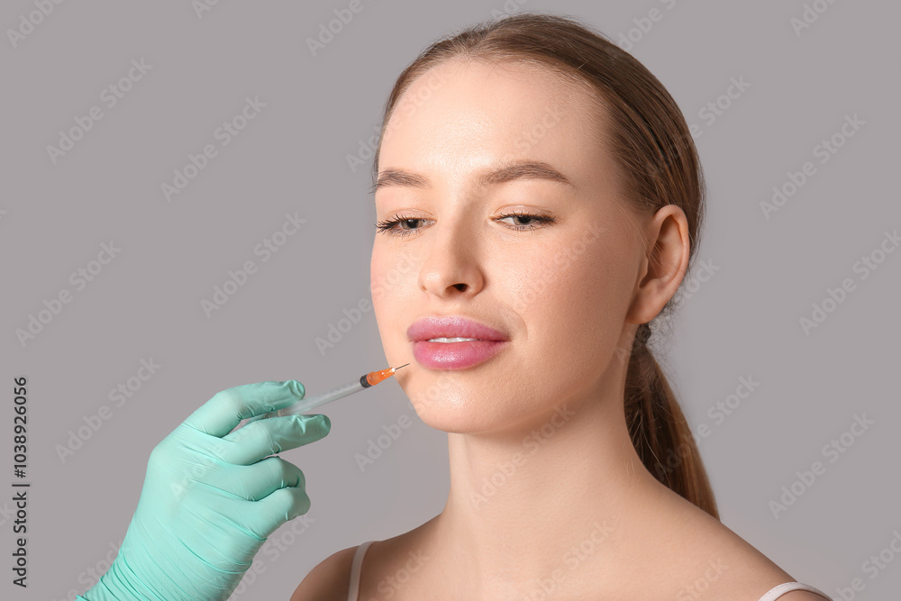 Young woman receiving filler injection in lips on grey background Young woman receiving filler injection in lips on grey background