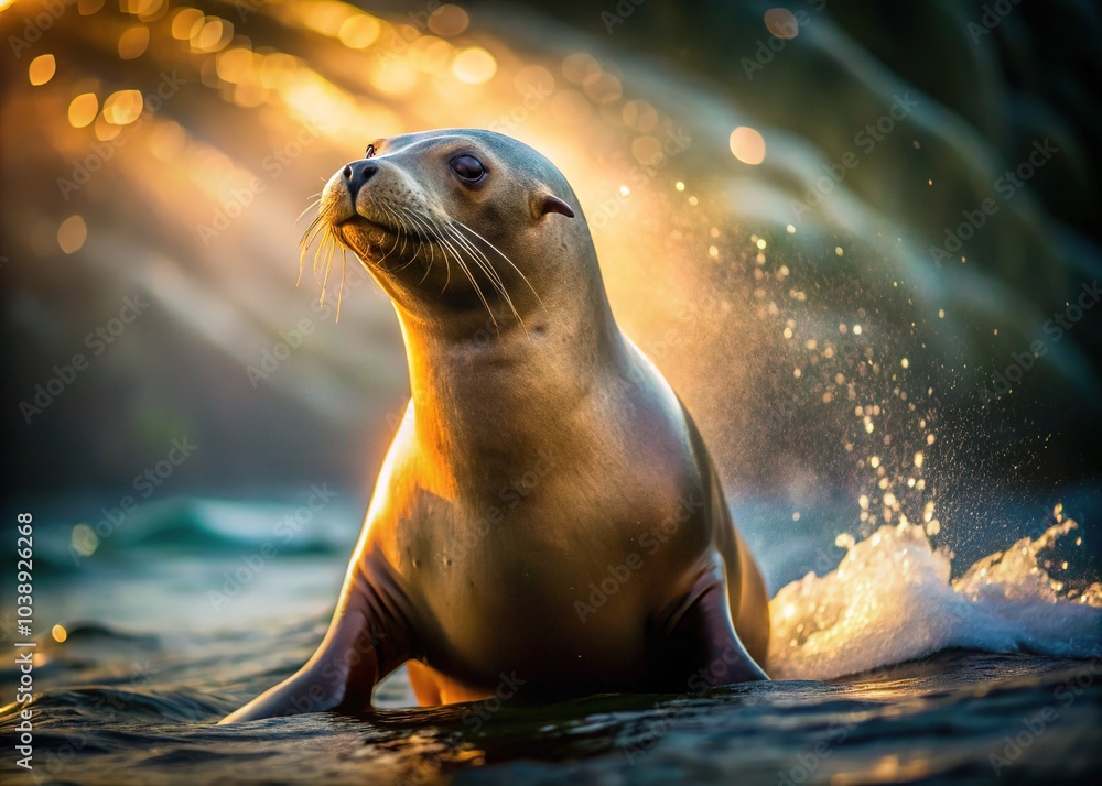 Fototapeta premium Low-light photography illuminates the majestic presence of sea lions in mesmerizing underwater scenes.