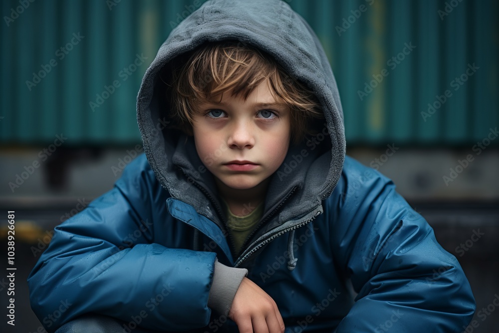 Portrait of a sad little boy in a blue raincoat. Portrait of a sad little boy in a blue raincoat.