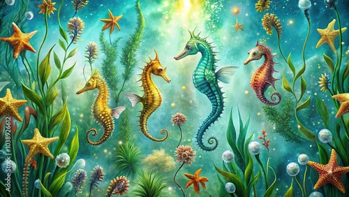 Majestic ocean: Seahorses and starfish in harmony.