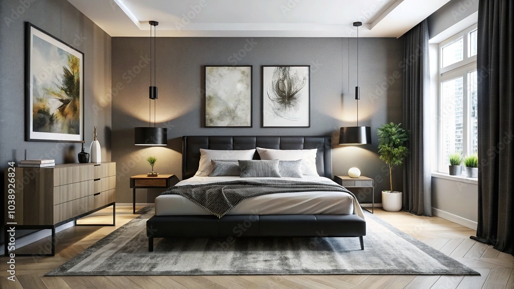 Fototapeta premium Minimalist design meets artistic expression: a monochrome bedroom with abstract art.