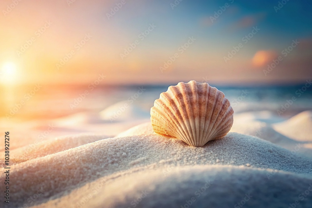 Ocean's embrace captured in a delicate shell against a serene beach backdrop. Ocean's embrace captured in a delicate shell against a serene beach backdrop.