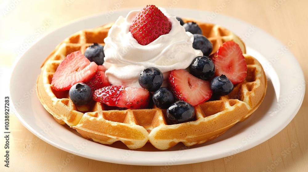 A waffle topped with strawberries, blueberries, and whipped cream on a white plate resting atop a wooden table A waffle topped with strawberries, blueberries, and whipped cream on a white plate resting atop a wooden table