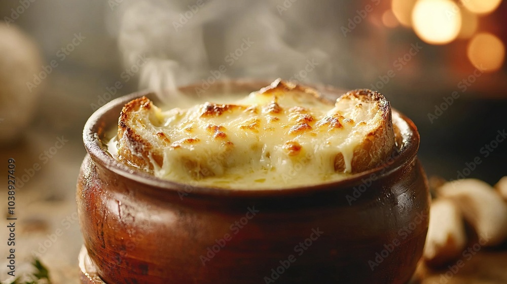 Close-up of food in pot on table with mushrooms, fireplace in background Close-up of food in pot on table with mushrooms, fireplace in background