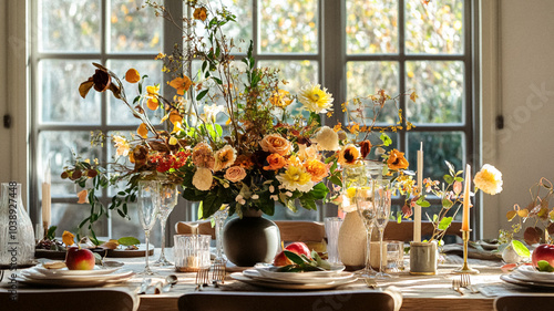 Dining room decor, interior design and autumn holiday celebration, elegant autumnal table decoration with candles and flowers, home decor, wedding and country cottage style idea photo