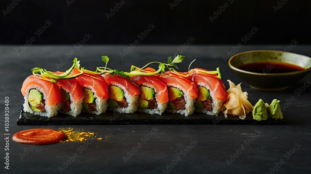 Sushi plate with cucumber, tomato, avocado on a black background next to dipping sauce Sushi plate with cucumber, tomato, avocado on a black background next to dipping sauce