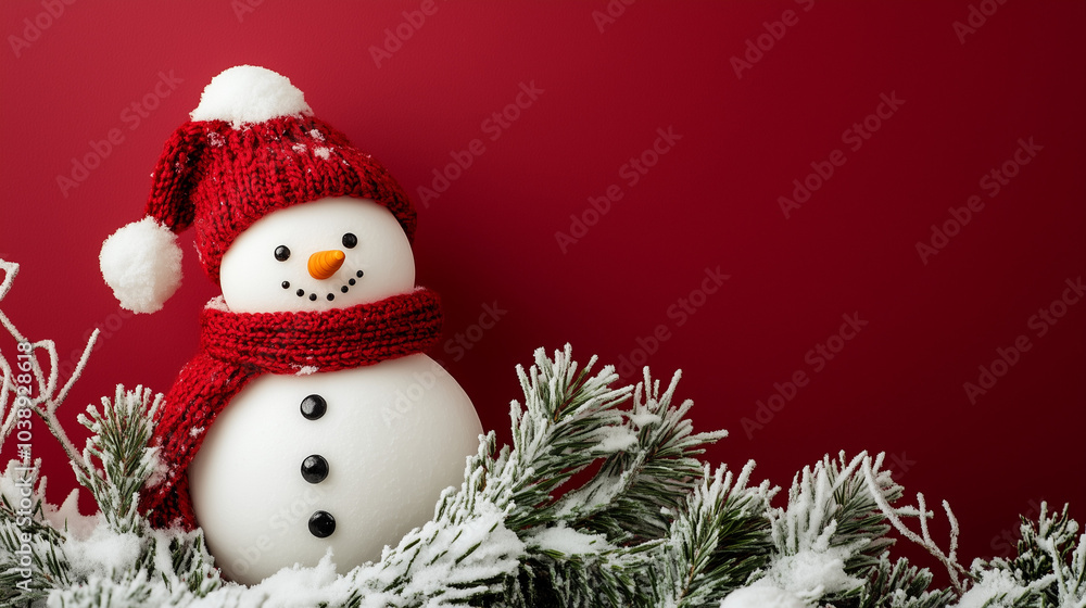 Christmas background with a snowman in a red scarf and hat, surrounded by snowy pine branches against a red backdrop, creating a festive and cheerful atmosphere Christmas background with a snowman in a red scarf and hat, surrounded by snowy pine branches against a red backdrop, creating a festive and cheerful atmosphere