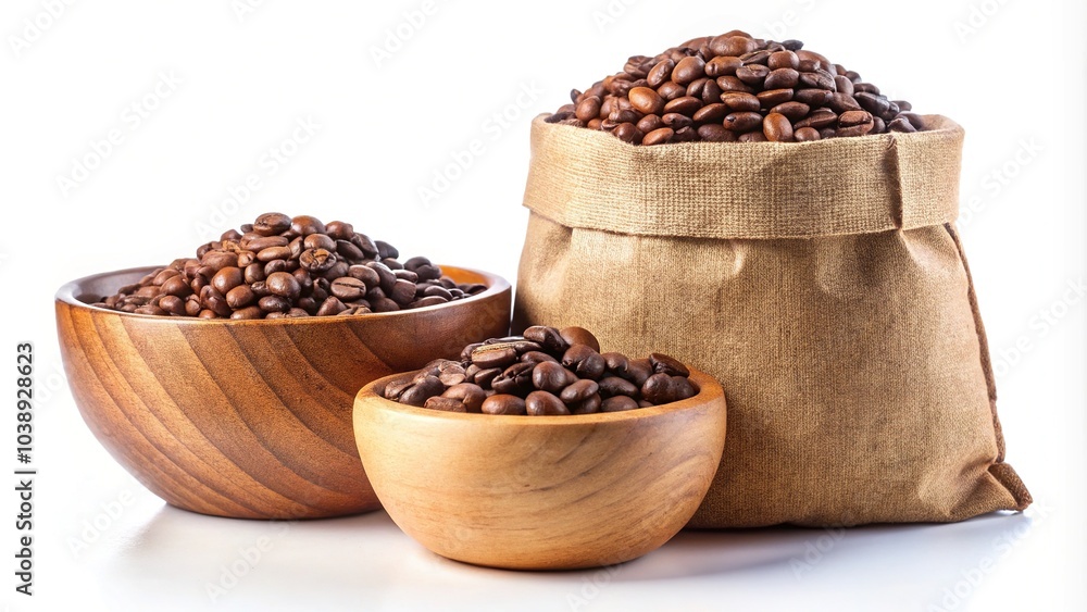 Simple yet striking. Brown paper bags and a wooden bowl display coffee beans beautifully, isolated on a white background. Simple yet striking. Brown paper bags and a wooden bowl display coffee beans beautifully, isolated on a white background.