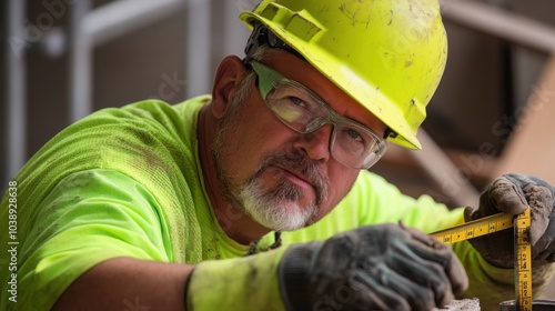 A close-up of a construction worker in a neon green hard hat and work gloves, measuring materials with a tape measure and looking at the camera, with a backdrop of construction materials and tools photo