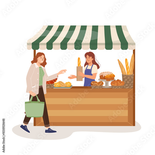 Local salesman offering aroma baked fresh goodness. Friendly woman vendor in apron selling tasty loaf of bread. Buyer at market bakery stall. Flat vector illustration isolated on white background