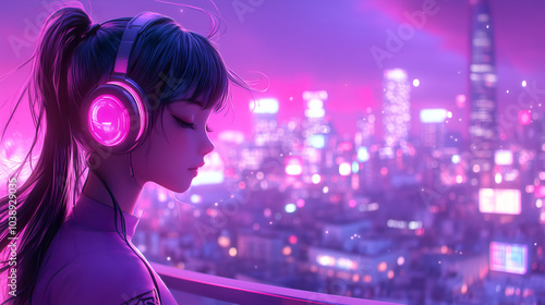 Neon Anime Girl in Headphones Standing on a Rooftop, Lo-Fi Futuristic Sci-Fi Manga Art