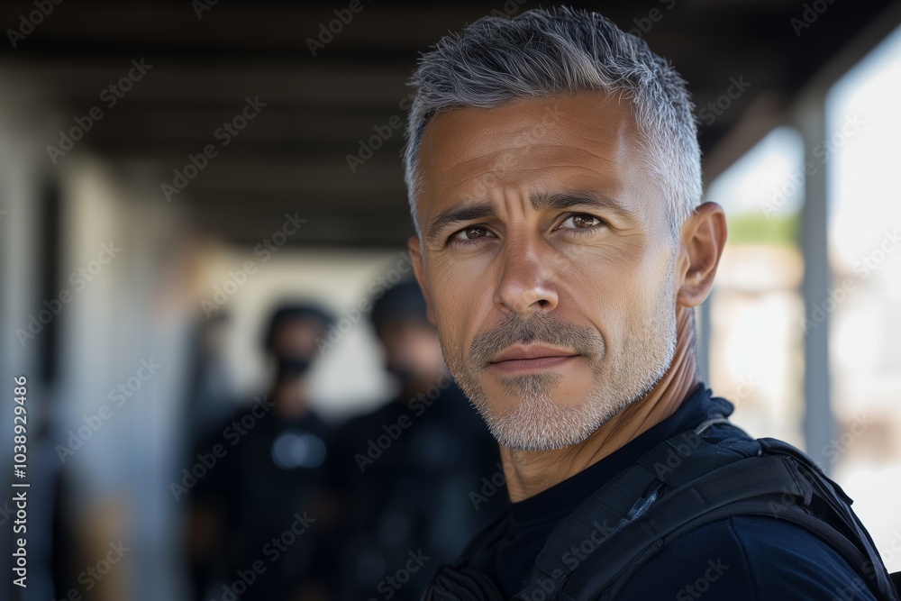 Confident Middle-Aged Man in Tactical Gear with Gritty Expression, Outdoor Setting with Defocused Colleagues in Background Confident Middle-Aged Man in Tactical Gear with Gritty Expression, Outdoor Setting with Defocused Colleagues in Background