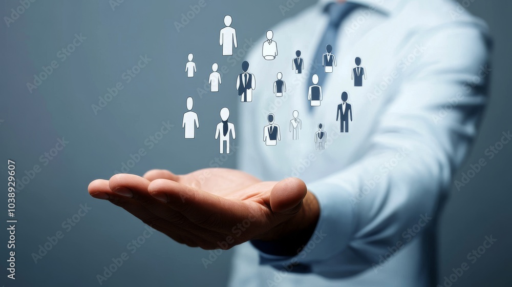 A businessman showcases digital avatars symbolizing leadership and community, representing teamwork and connectivity in the modern workplace. A businessman showcases digital avatars symbolizing leadership and community, representing teamwork and connectivity in the modern workplace.
