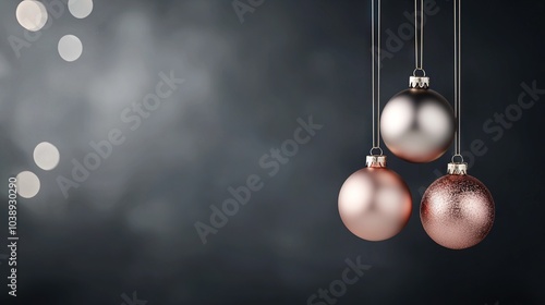   Three glistening Christmas ornaments dangle on a string against a dark backdrop, with bouquet lights illuminating the foreground photo