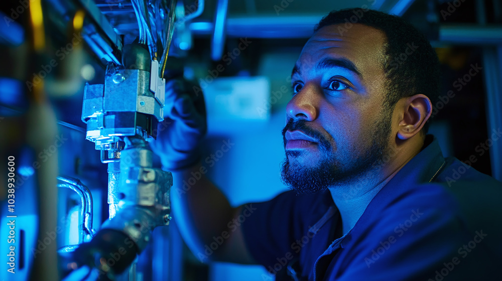 Fototapeta premium A dedicated technician working on a complex HVAC system, focused on repairs and maintenance in a professional industrial environment. The scene emphasizes technical expertise and precision
