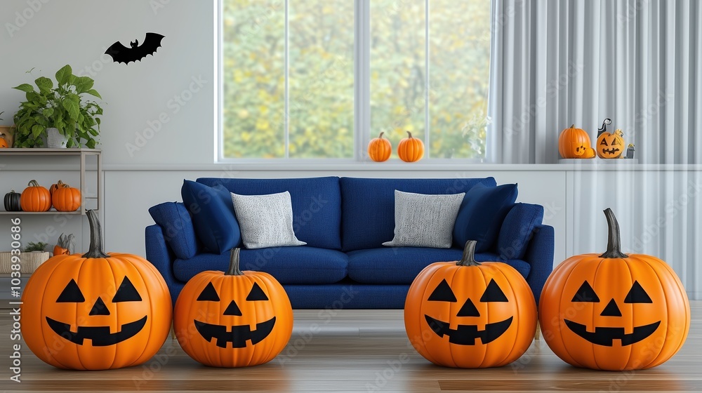 Obraz premium Cozy Halloween Living Room: A modern living room, bathed in the warm glow of autumn, is transformed into a festive Halloween haven with pumpkins, a bat decal, and a comfortable blue sofa.