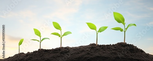 A close-up view of young green plants sprouting from rich soil, symbolizing growth and renewal in nature. photo