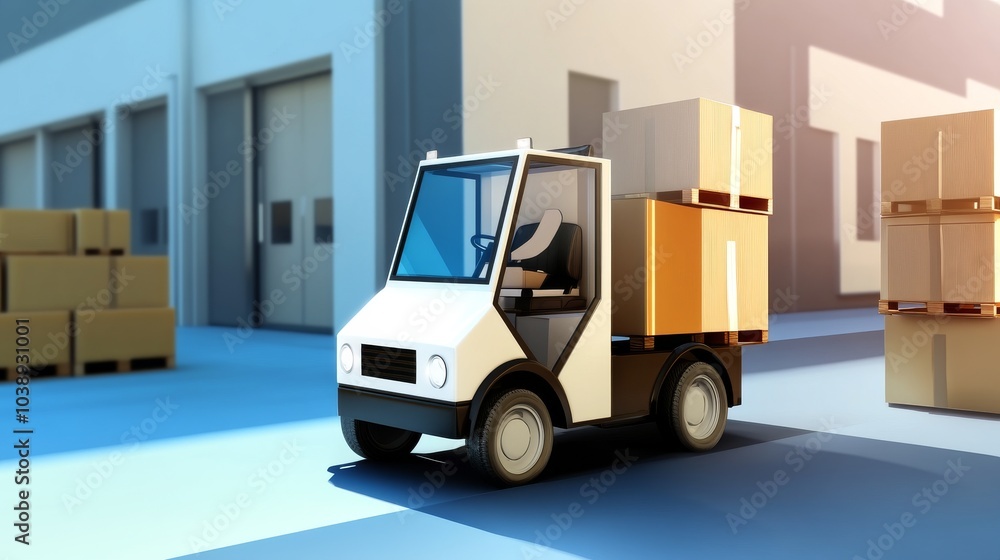 A compact delivery vehicle loaded with cardboard boxes, set in a contemporary warehouse environment. A compact delivery vehicle loaded with cardboard boxes, set in a contemporary warehouse environment.