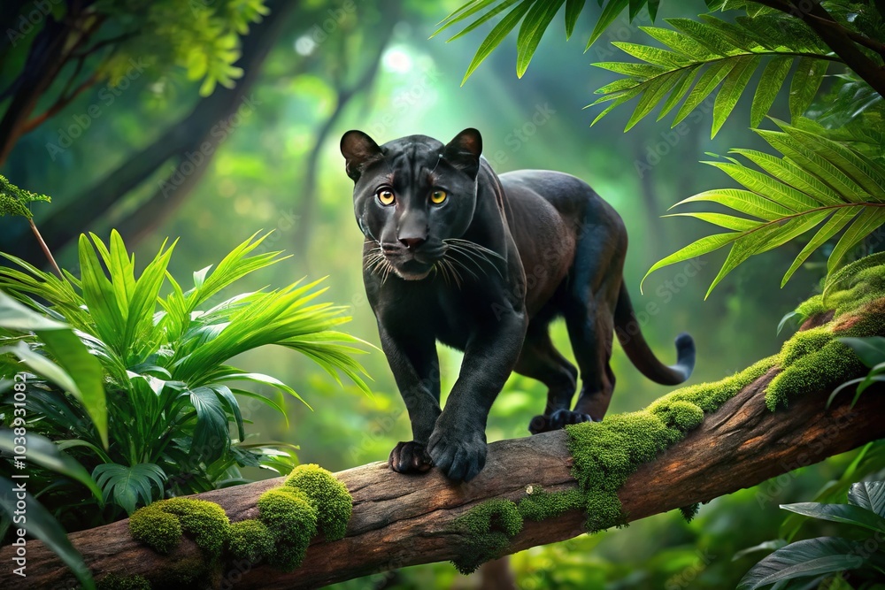 Obraz premium The shadowy form of a black panther, a predator hidden in the jungle.