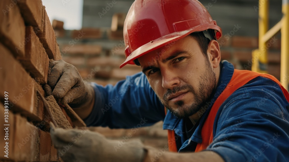 A close-up of a construction worker in a red hard hat and reflective vest, handling a pneumatic hammer and looking at the camera, with a backdrop of construction machinery and scaffolding A close-up of a construction worker in a red hard hat and reflective vest, handling a pneumatic hammer and looking at the camera, with a backdrop of construction machinery and scaffolding