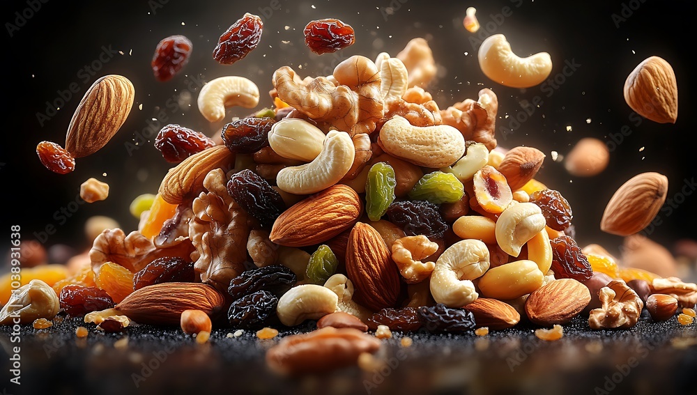 Fototapeta premium Dry fruits and mixed nuts levitating in mid-air healthy snack, almonds, pistachios, raisins, cashews, walnuts.