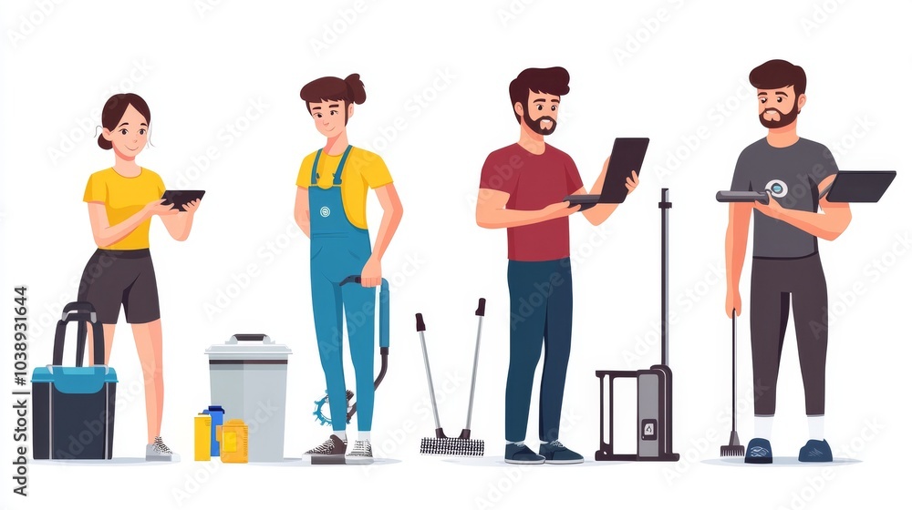 A diverse group of four characters engaged in cleaning activities, showcasing teamwork and modern cleaning tools in a vibrant setting.