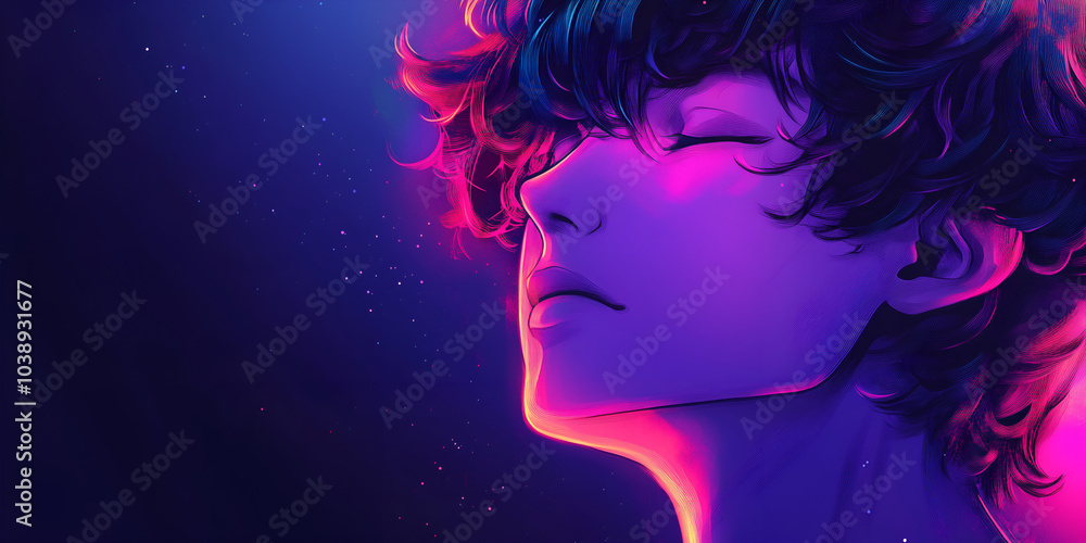 Neon Anime Boy Banner with Space for Copy, Lo-Fi Futuristic Sci-Fi Manga Art Neon Anime Boy Banner with Space for Copy, Lo-Fi Futuristic Sci-Fi Manga Art