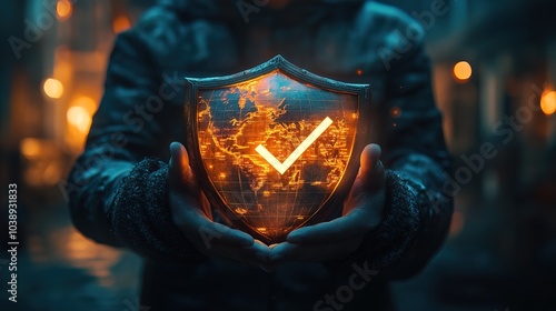 Holding a glowing shield with a checkmark and a map of the world inside