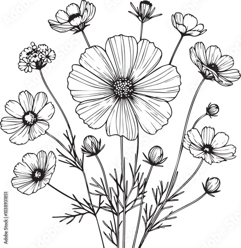 Vector illustration of beautiful cosmos flowers bouquet, hand-drawn coloring book of artistic, blossom flowers iris isolated on white background, sketch art leaf branch botanic collection adults