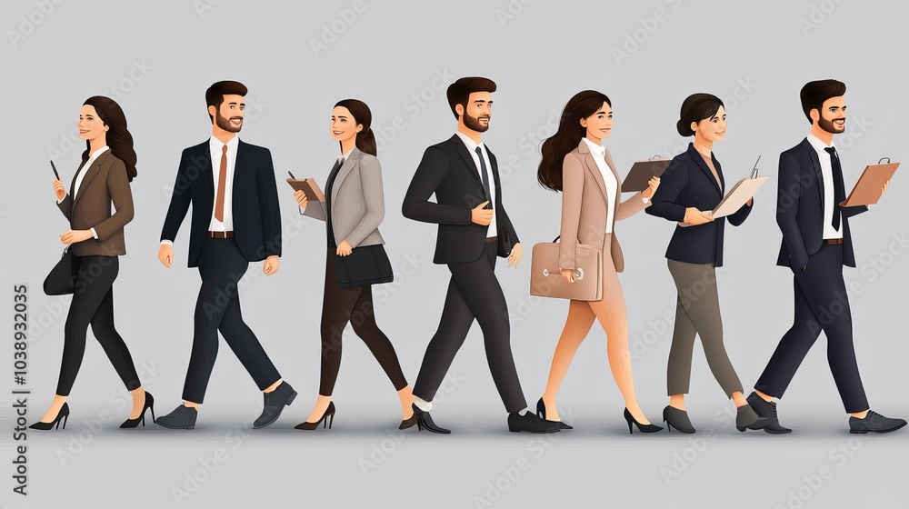 Obraz premium A diverse group of professionals walking confidently in business attire, symbolizing teamwork and corporate success.